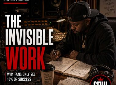 Ultra-realistic editorial photograph of an independent Hip-Hop artist sitting alone in a recording studio late at night reviewing handwritten lyrics after a recording session. The image symbolizes discipline, preparation, and the unseen work behind success, with the official SpitFireHipHop logo, SFHH editorial badge, and headline reading "The Invisible Work."