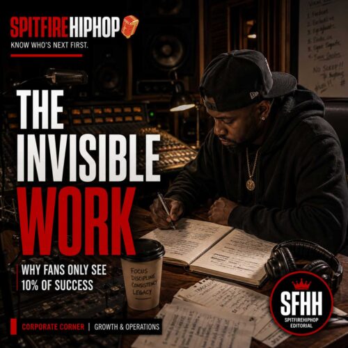 Ultra-realistic editorial photograph of an independent Hip-Hop artist sitting alone in a recording studio late at night reviewing handwritten lyrics after a recording session. The image symbolizes discipline, preparation, and the unseen work behind success, with the official SpitFireHipHop logo, SFHH editorial badge, and headline reading "The Invisible Work."