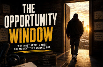 Editorial illustration representing an independent Hip-Hop artist standing before an open doorway symbolizing opportunity while preparation, music production, networking, and business planning surround the scene. SpitFireHipHop Corporate Corner.
