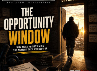 Editorial illustration representing an independent Hip-Hop artist standing before an open doorway symbolizing opportunity while preparation, music production, networking, and business planning surround the scene. SpitFireHipHop Corporate Corner.