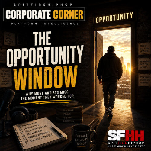 Editorial illustration representing an independent Hip-Hop artist standing before an open doorway symbolizing opportunity while preparation, music production, networking, and business planning surround the scene. SpitFireHipHop Corporate Corner.