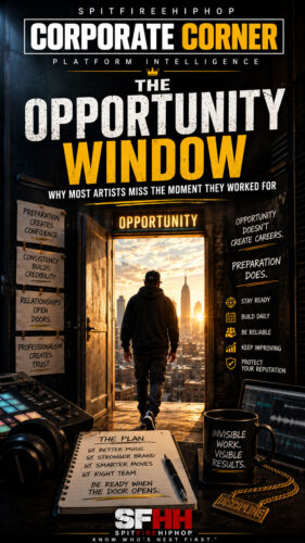 Cinematic editorial artwork showing an artist approaching a bright opportunity window while carrying years of preparation, representing success through readiness rather than luck.
