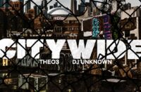 Theo3 and producer DJ Unknown's Citywide single artwork featuring an urban skyline framed by graffiti and chain-link fencing.