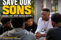 SpitFireHipHop editorial graphic for Boosie’s ‘Save Our Sons’ event, depicting a Hip-Hop mentor speaking with young Black men about mentorship, positive choices, and pursuing their goals.