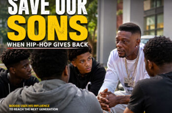 SpitFireHipHop editorial graphic for Boosie’s ‘Save Our Sons’ event, depicting a Hip-Hop mentor speaking with young Black men about mentorship, positive choices, and pursuing their goals.