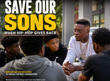 SpitFireHipHop editorial graphic for Boosie’s ‘Save Our Sons’ event, depicting a Hip-Hop mentor speaking with young Black men about mentorship, positive choices, and pursuing their goals.