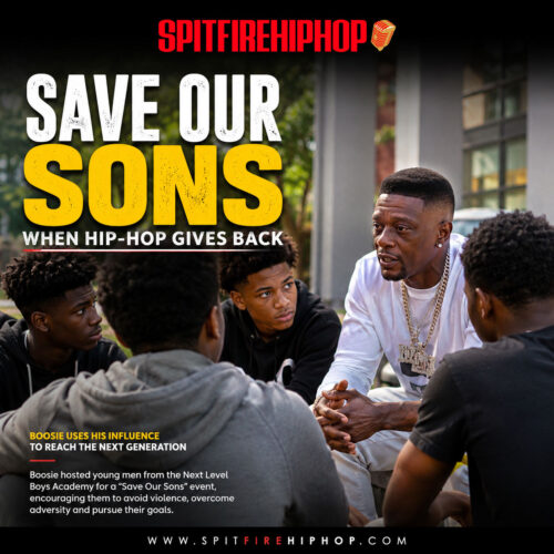 SpitFireHipHop editorial graphic for Boosie’s ‘Save Our Sons’ event, depicting a Hip-Hop mentor speaking with young Black men about mentorship, positive choices, and pursuing their goals.