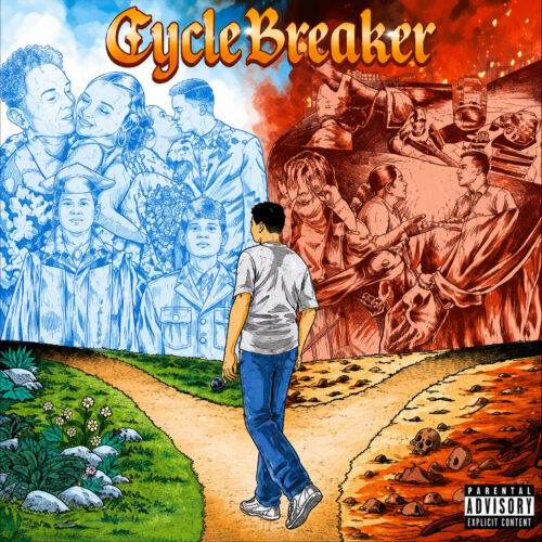 Cover artwork for Damien Smith's Cycle Breaker album showing a man standing at a fork in a road between contrasting paths representing positive family legacy and destructive generational cycles.