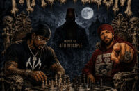 MRKBH “Mausoleum” featuring Frukwan cover art depicting MRKBH and the Gravediggaz legend seated at a chessboard surrounded by skulls, bones and cemetery imagery beneath a full moon.