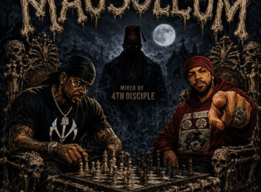 MRKBH “Mausoleum” featuring Frukwan cover art depicting MRKBH and the Gravediggaz legend seated at a chessboard surrounded by skulls, bones and cemetery imagery beneath a full moon.