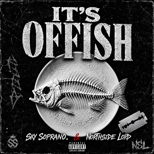 Alt text: Sky Soprano “It’s Offish” featuring Northside Lord cover art showing a fish skeleton on a white plate against a distressed black background.