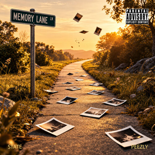 State “Memory Lane” featuring Peezly cover art showing a Memory Lane street sign and photographs scattered along a winding road at sunset.
