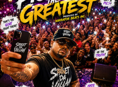 Street Da Villan takes a selfie in front of a packed concert crowd on the colorful cover artwork for “Pic With The Greatest,” produced by Narrator Beats Incorporated, as fans hold up phones beneath bold yellow and white graffiti-style lettering.