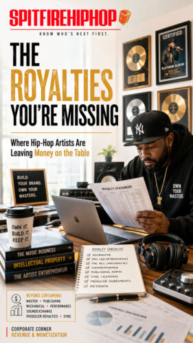 Independent Hip-Hop artist reviewing music royalty information in a recording studio for SpitFireHipHop Corporate Corner article “The Royalties You're Missing,” examining revenue beyond traditional streaming royalties.