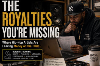 Independent Hip-Hop artist reviewing music royalty information in a recording studio for SpitFireHipHop Corporate Corner article “The Royalties You're Missing,” examining revenue beyond traditional streaming royalties.