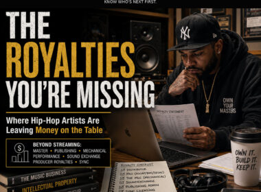 Independent Hip-Hop artist reviewing music royalty information in a recording studio for SpitFireHipHop Corporate Corner article “The Royalties You're Missing,” examining revenue beyond traditional streaming royalties.