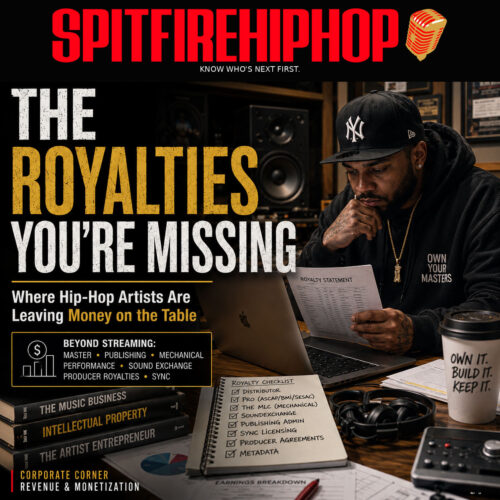Independent Hip-Hop artist reviewing music royalty information in a recording studio for SpitFireHipHop Corporate Corner article “The Royalties You're Missing,” examining revenue beyond traditional streaming royalties.
