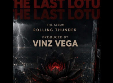 Cover artwork for Vinz Vega’s Rolling Thunder featuring a dark lotus glowing red above a nighttime cityscape as lightning strikes in the distance.