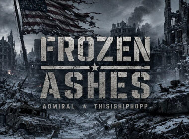 “Frozen Ashes” cover art for Admiral and ThisIsHipHopp, showing a torn American flag above a snow-covered ruined city.