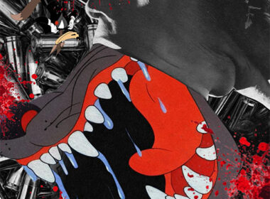 Choco Valens “Miami Wolf” single cover featuring a dark black-and-red horror-inspired collage with cartoon wolf imagery and blood-splatter effects.