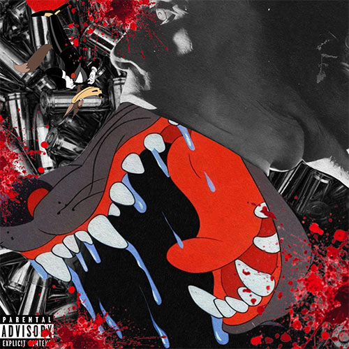 Choco Valens “Miami Wolf” single cover featuring a dark black-and-red horror-inspired collage with cartoon wolf imagery and blood-splatter effects.