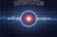 Echo “Superposition” single cover art featuring a glowing sphere, waveform and technical grid design.