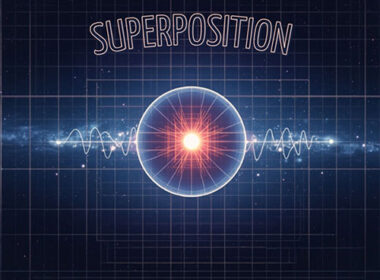 Echo “Superposition” single cover art featuring a glowing sphere, waveform and technical grid design.