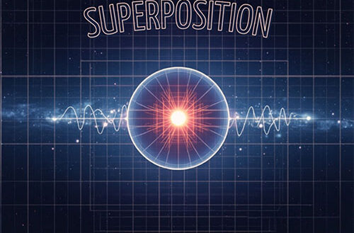 Echo “Superposition” single cover art featuring a glowing sphere, waveform and technical grid design.