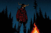 Trial By Fire single cover featuring a hunter wearing red plaid beside a campfire in a dark Canadian forest
