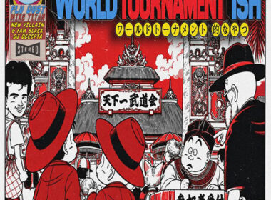 Photorealistic editorial still life in a martial-arts tournament venue, using the supplied cover as the focal insert. Official red wordmark and gold/red microphone at the top. Minimal copy: “MIKE TITAN x FLU” and “WORLD TOURNAMENT ISH.”