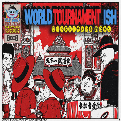 Photorealistic editorial still life in a martial-arts tournament venue, using the supplied cover as the focal insert. Official red wordmark and gold/red microphone at the top. Minimal copy: “MIKE TITAN x FLU” and “WORLD TOURNAMENT ISH.”
