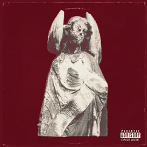 “Money Stacks’ Concrete Angels cover, showing a pale stone angel against a dark red background, presented in a square SpitFireHipHop feature graphic.”