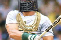 Serf “King Of Swing: The Beat Tape” cover art featuring a baseball player swinging a bat with a sampler replacing his head and gold chains around his neck.