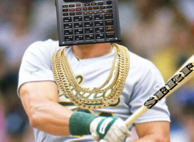Serf “King Of Swing: The Beat Tape” cover art featuring a baseball player swinging a bat with a sampler replacing his head and gold chains around his neck.