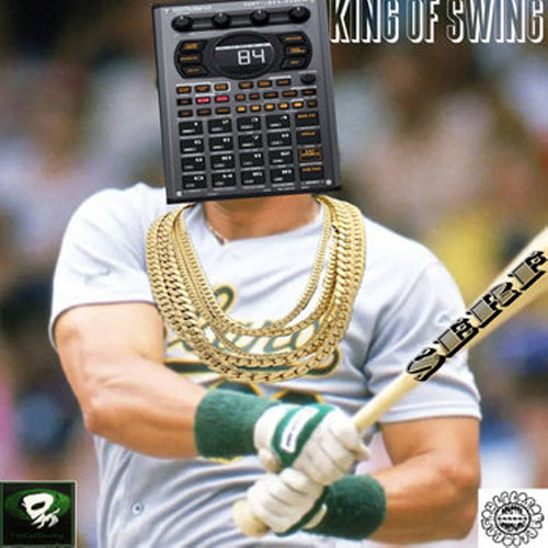 Serf “King Of Swing: The Beat Tape” cover art featuring a baseball player swinging a bat with a sampler replacing his head and gold chains around his neck.