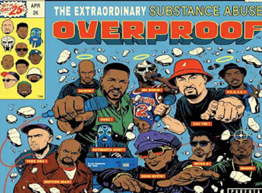 Illustrated cover art for Substance Abuse’s Overproof 20th Anniversary featuring Eso Tre, Subz, MF DOOM, Kool Keith, KutMasta Kurt and album collaborators against a blue Threshold Recordings design.