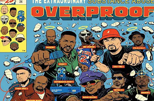 Illustrated cover art for Substance Abuse’s Overproof 20th Anniversary featuring Eso Tre, Subz, MF DOOM, Kool Keith, KutMasta Kurt and album collaborators against a blue Threshold Recordings design.
