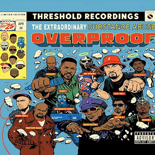 Illustrated cover art for Substance Abuse’s Overproof 20th Anniversary featuring Eso Tre, Subz, MF DOOM, Kool Keith, KutMasta Kurt and album collaborators against a blue Threshold Recordings design.