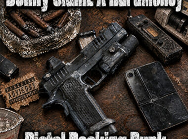 Cover art for Benny Slumz and HardMoney’s “Pistol Packing Punk,” showing a pistol, worn phone, radio, and cigars on a distressed brown tabletop with white lettering.