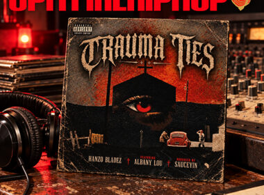 Distressed “Trauma Ties” cover with a large red eye, a church-like silhouette, a red car, and credits for Hanzo Bladez, Albany Lou, and SauceYin.