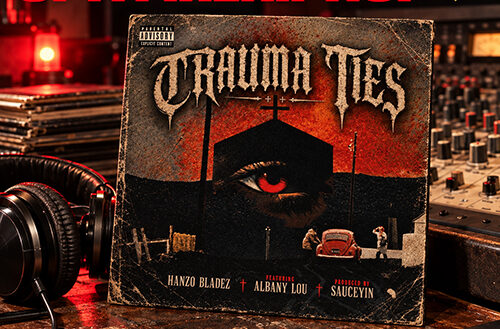 Distressed “Trauma Ties” cover with a large red eye, a church-like silhouette, a red car, and credits for Hanzo Bladez, Albany Lou, and SauceYin.
