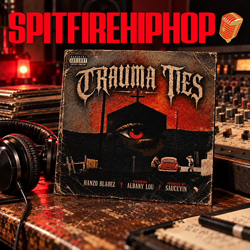 Distressed “Trauma Ties” cover with a large red eye, a church-like silhouette, a red car, and credits for Hanzo Bladez, Albany Lou, and SauceYin.