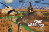 Official Road Warriors single cover artwork by Le Zeppo featuring Asun Eastwood and Dealwon, showing a surreal desert collage with cowboys, horses, birds, and a helicopter.
