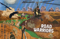 Official Road Warriors single cover artwork by Le Zeppo featuring Asun Eastwood and Dealwon, showing a surreal desert collage with cowboys, horses, birds, and a helicopter.