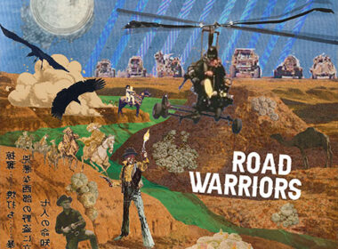 Official Road Warriors single cover artwork by Le Zeppo featuring Asun Eastwood and Dealwon, showing a surreal desert collage with cowboys, horses, birds, and a helicopter.