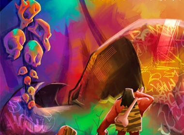 Colorful illustrated cover art for P-Ro and Hues' HueRoGliphics, featuring abstract figures, graffiti-inspired imagery, and vibrant orange, green, purple, and red tones.