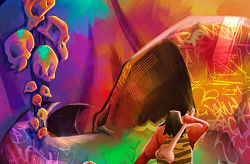 Colorful illustrated cover art for P-Ro and Hues' HueRoGliphics, featuring abstract figures, graffiti-inspired imagery, and vibrant orange, green, purple, and red tones.