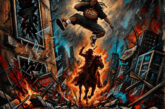 Illustrated cover artwork for Rah Tha Ruler's “Geronimo,” produced by Castle Money Beats, showing a rapper leaping over a fiery, collapsing cityscape.