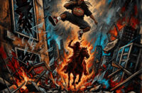 Illustrated cover artwork for Rah Tha Ruler's “Geronimo,” produced by Castle Money Beats, showing a rapper leaping over a fiery, collapsing cityscape.