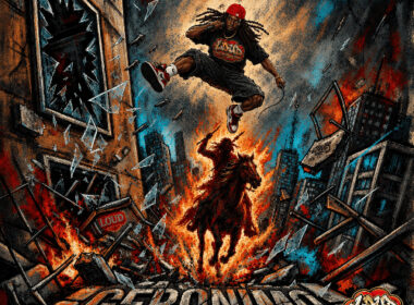 Illustrated cover artwork for Rah Tha Ruler's “Geronimo,” produced by Castle Money Beats, showing a rapper leaping over a fiery, collapsing cityscape.
